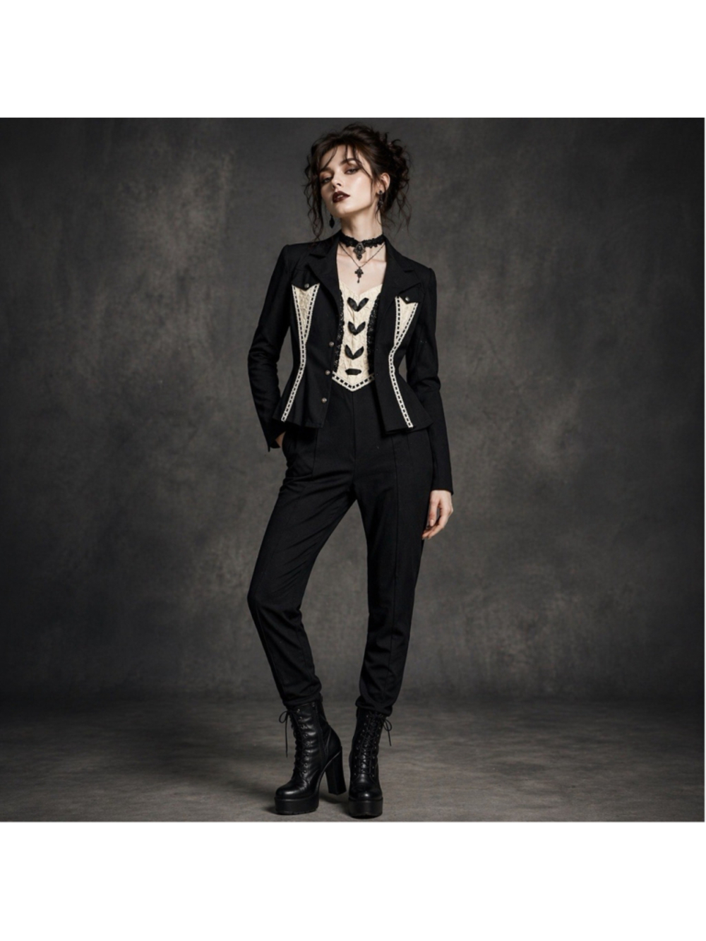 Zone Bleue Paris Y2K SET Jumpsuit (M) Coat (L) Victorian Goth Black Corset Lace